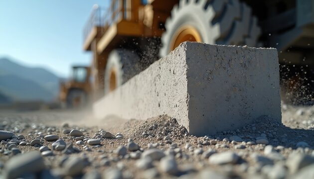 Heavy machinery moves concrete blocks in industrial quarry. Construction materials made with eco friendly tech near mountains. Future building industry development.