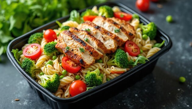 Sliced grilled chicken breast sits atop rotini pasta salad with broccoli cherry tomatoes and peas in a black take out container on a dark surface.