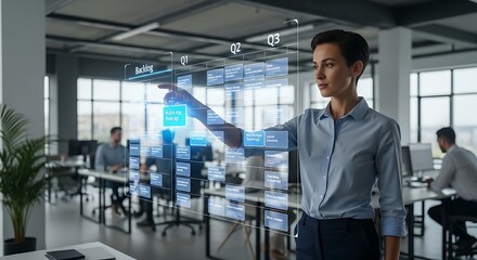 Product roadmap concept. A product manager assembles a holographic roadmap, dragging feature cards from a backlog into quarterly timelines.