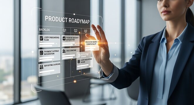 Product roadmap concept. A product manager assembles a holographic roadmap, dragging feature cards from a backlog into quarterly timelines.
