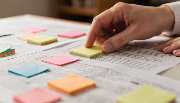 Medium shot of a proofreader using colorful sticky notes on physical page proofs focused on hand placing note surrounding text softly out of focus.