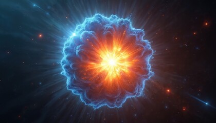 Obraz premium Bright star exploding in deep space nebula. Fiery starburst illuminates cosmic dust clouds, emitting blue light rays across galaxy. Distant stars twinkle in the dark.