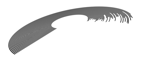 Abstract black vector flow of curving lines in perspective. Dense concentric arcs tapering to a point. Dynamic pattern suggesting motion, speed, data, or network structure. Minimal design. © Mykola Mazuryk