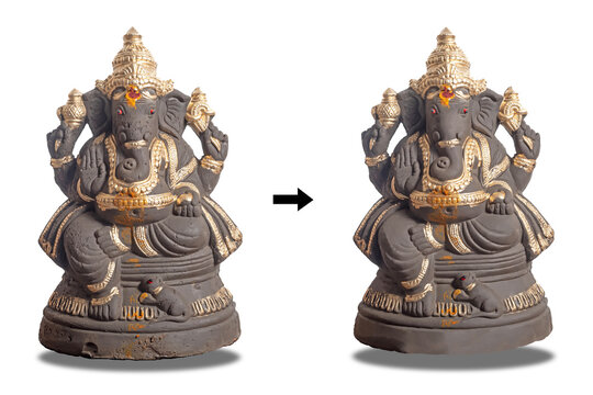 Ganesha statue with gold accents: before and after details of ornate elephant god.