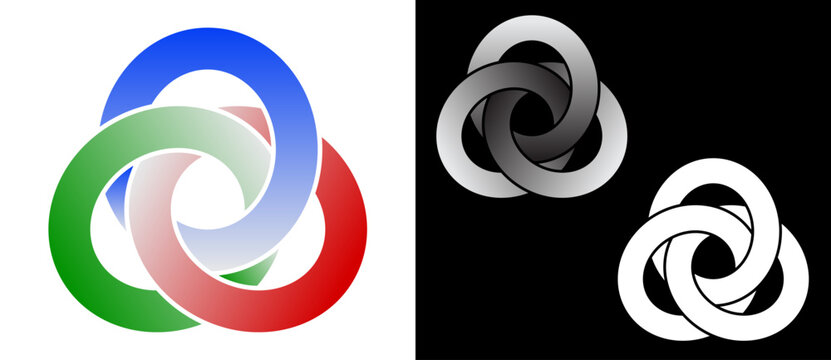 Three interlocked rings forming a trefoil knot in RGB and monochrome versions. 3D gradient symbol of unity and connection. Modern geometric logo set for branding and technology.