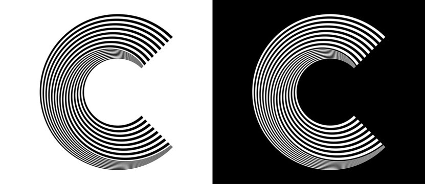 Abstract letter C shape made of parallel concentric stripes on white and black backgrounds. Geometric arc logo with optical illusion effect. Minimal monochrome set for branding.