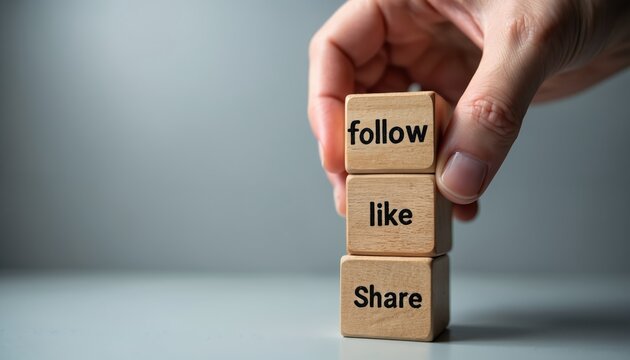 Hand stacks wooden blocks with follow like share. Building social media engagement and user interaction. Growing online presence and content sharing strategy for business success.