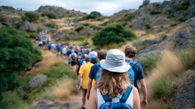 55Connectioneering during a group hike, people walking together along a mountain trail, natural environment reinforcing shared journey and mutual support