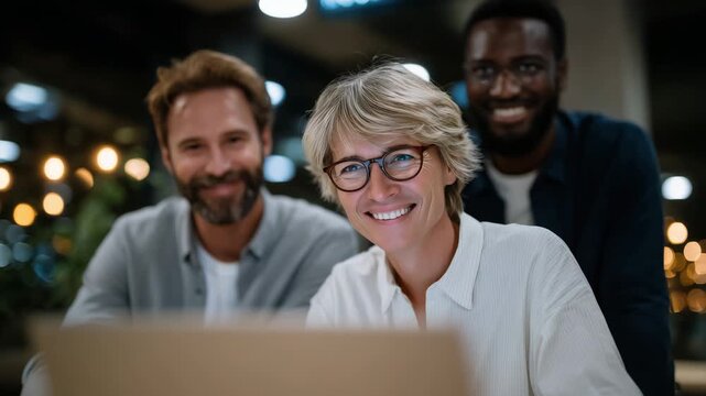 57Connectioneering in a startup office late at night, small team gathered around a laptop, shared vision and collective problem-solving emphasized