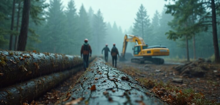 Men work in misty rain amidst felled timber with excavator in dense forest. Logging operation proceeds on a gloomy day. Timber industry workers manage wood harvesting in a wet woodland.