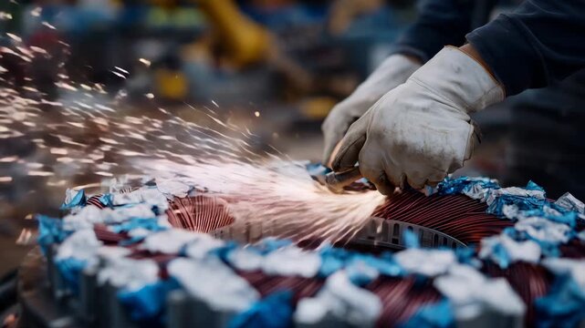 112Hyper-realistic macro shot of gloved hands working on electric generator internals, copper windings, steel housing, and insulation materials in crisp focus, cinematic lighting, exp