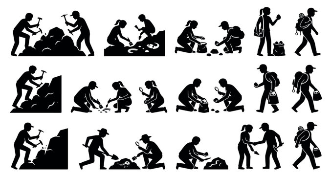 Fossil Hunters Silhouettes Set Pack. Editable Vector Stroke Illustration. featuring archaeology, exploration, excavation, discovery, paleontologist, geologist, adventure, research, science, field more