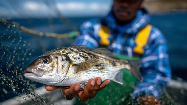 130Ultra-detailed close-up of freshly caught fish resting in fisherman&rsquo;s hands, visible texture of scales and gills, fishing net beneath, reflective ocean background, natural lighting