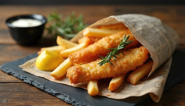 Golden fried fish fillets and thick cut chips in a newspaper wrap. Served on slate with lemon wedge and sauce. Fresh rosemary garnish adds aroma.