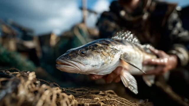 129Hyper-realistic macro shot of fisherman&rsquo;s hands holding a glistening fish, intense detail in fish scales and wet skin, fishing net forming textured base, sunlit ocean behind, shall