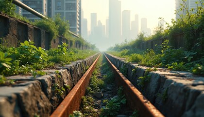 Obraz premium Abandoned train tracks overgrown with plants in urban area. Rusty rails disappear into city skyline fog. Overgrown nature reclaims industrial infrastructure in neglected place.