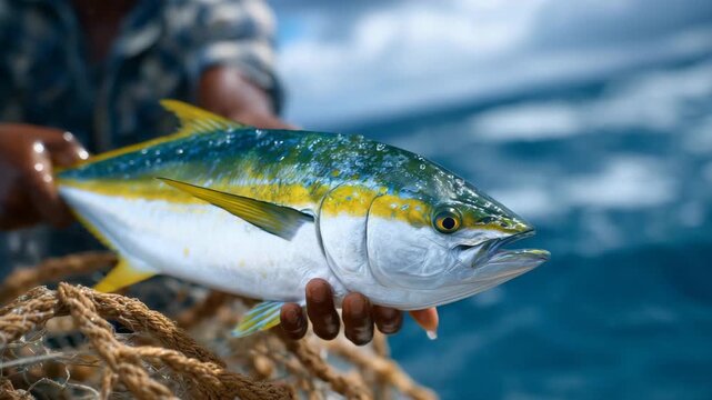 132Photorealistic close-up capturing a triumphant fishing moment, fisherman&rsquo;s hands lifting a vibrant fish above netting, droplets falling back toward the sea, expansive ocean backdro