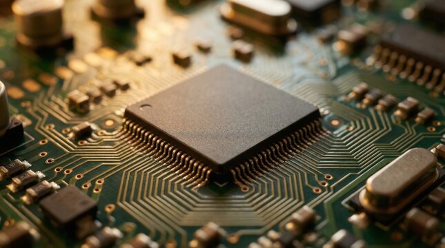 Microchip Close-Up on Circuit Board (PCB) with Electronic Components

