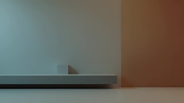 Minimalist empty room architecture showing a wall with a peach color accent and abstract sunlight creating interesting patterns and shadows, providing a clean background and simple design