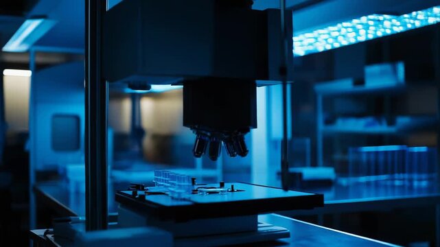 Advanced automated microscope investigating samples in microplates and tubes, performing precise scientific research and biotechnology experiments in a dimmed laboratory environment