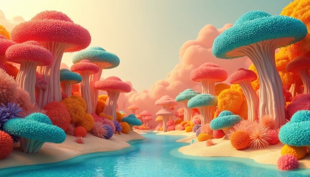 Surreal fantasy landscape with colorful mushroom shapes. A bright, whimsical environment with vibrant flora and calm blue water. This digital art evokes imagination and playful wonder.