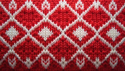 Fototapeta premium Close view of red and white knitted fabric with argyle pattern. Texture shows woven threads forming diamond shapes, ideal for winter clothing or crafts.