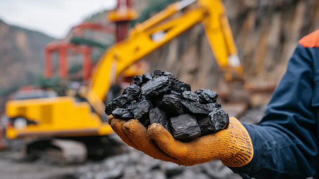 148Close-up of a worker&rsquo;s gloved hand holding a handful of raw black coal at an active industrial mine, jagged coal fragments with matte and glossy textures, fine coal dust coating th