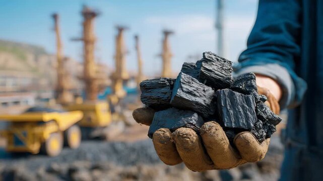 150Ultra-detailed macro view of raw black coal in a worker&rsquo;s hand, sharp crystalline edges, granular dust embedded in glove fabric, excavators and haul trucks faintly visible in backg