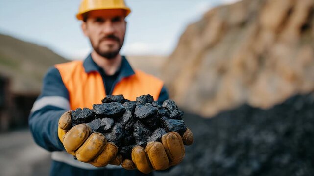 151Photorealistic close-up of an industrial worker holding freshly mined coal, realistic skin or glove texture contrasting with rough coal surfaces, muted earth tones of mine surround