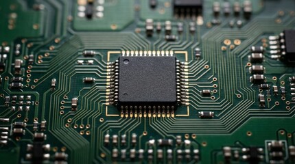 Fototapeta premium Computer Chip Microchip on Circuit Board Close-Up