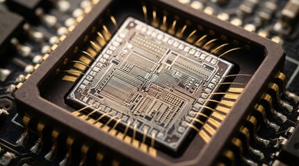 Fototapeta premium Computer Processor Chip on Circuit Board Close Up (Microchip Technology