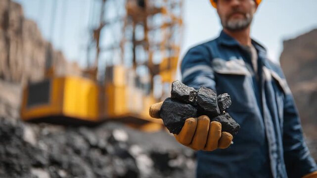 157Ultra-high-resolution close-up of a worker&rsquo;s hand gripping raw coal at a mining site, moisture and dust visible on coal pieces, heavy industrial equipment softly blurred behind, gr