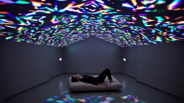 Serene Setting With Reclining Visitor Immersed In Luminous Geometric Reflections. Peaceful Space Where Individual Lies Back Amidst Vivid Mosaic Light Displays Enhancing Mental Wellness