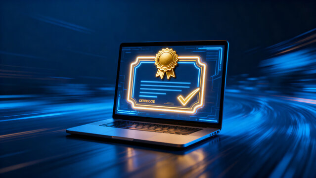 technology digital certificate laptop screen displaying glowing neon icon with gold seal and checkmark on dark blue motion blur background representing online education authentication security trust v