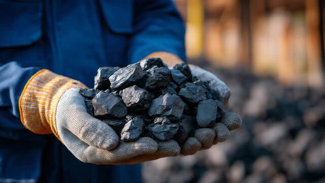 158Photorealistic macro scene of raw black coal held in a gloved hand, deep contrast between coal and glove fabric, subtle sunlight reflections, industrial mine environment in backgro