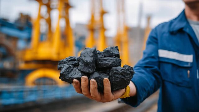159Ultra-high-resolution close-up of a worker&rsquo;s hand gripping raw coal at a mining site, moisture and dust visible on coal pieces, heavy industrial equipment softly blurred behind, gr