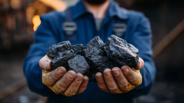 160Hyper-realistic macro shot of raw coal chunks in miner&rsquo;s hand, rich black tones, fine dust particles, industrial mining site softly defocused, dramatic lighting highlighting textur