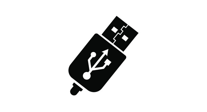 A black and white illustration of a standard usb flash drive