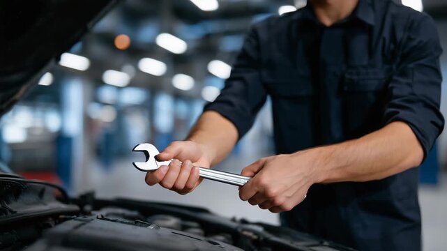 165Macro shot of hands tightening battery clamps with a wrench, car engine bay surrounding battery softly blurred, realistic reflections on battery casing, precise step in maintenance
