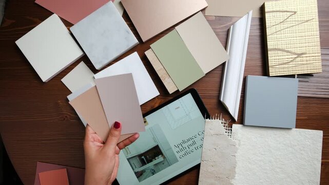 woman designer selecting colors and samples for bedroom makeover in Dubai villa 