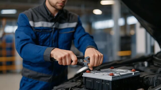 169Macro shot of hands tightening battery clamps with a wrench, car engine bay surrounding battery softly blurred, realistic reflections on battery casing, precise step in maintenance