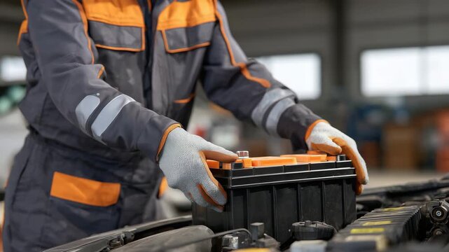 170Photorealistic guide-style scene of a battery being removed from a vehicle, gloved hands lifting heavy lead-acid battery, engine components visible, clean and organized garage, ins