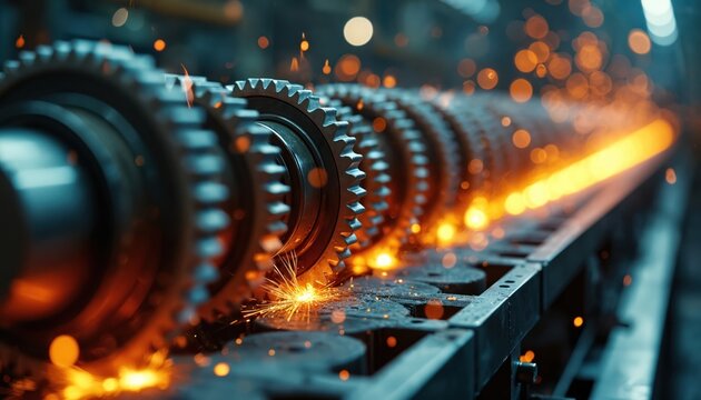Row of metal gears on automated assembly line. Sparks fly during industrial metalworking process. Precision machinery works in factory, creating components for complex systems.