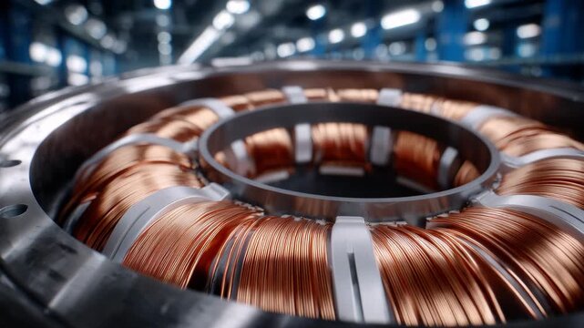 181Photorealistic close-up of copper windings and laminated cores inside an electric motor, high contrast between shiny copper and dark steel, soft overhead lighting casting realistic
