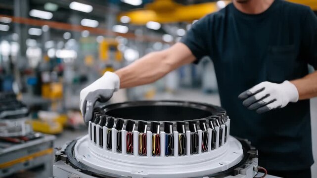 185Macro view of rotor magnets and stator teeth in an electric motor, gloved fingers adjusting components, sharp focus on textures and edges, blurred background of industrial workshop