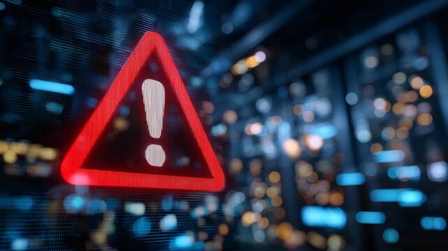 209Server alert with glowing red exclamation mark symbol, close-up on screen displaying urgent warning, abstract digital lines and server lights in background, visualizing high-priori