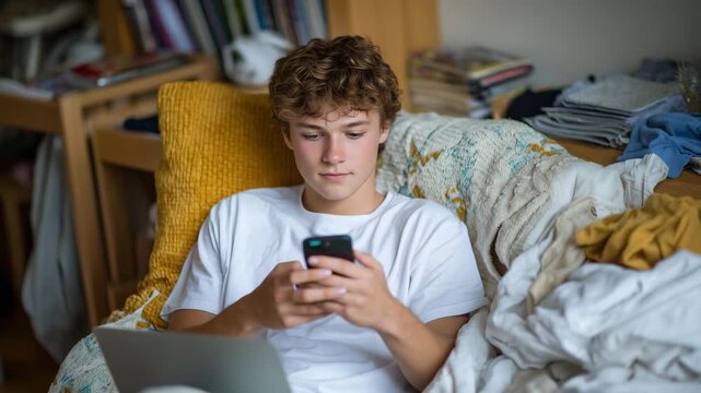 238Curly teenager enjoying downtime in cozy bedroom, leaning against a cushioned chair, multitasking on laptop and phone, soft blankets and casual clothes, personal space reflecting t
