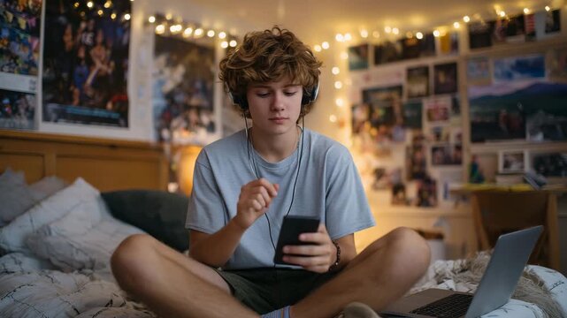 239Curly teenager enjoying downtime in cozy bedroom, sitting cross-legged on a rug, headphones on, scrolling smartphone while typing on laptop, posters and string lights decorating th