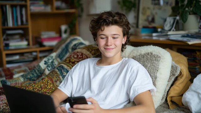 240Curly teenager enjoying downtime in cozy bedroom, leaning against a cushioned chair, multitasking on laptop and phone, soft blankets and casual clothes, personal space reflecting t
