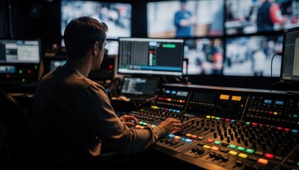 Fototapeta premium Professional director testing vision mixer settings during rehearsal foreground controls in crisp detail contrasted by defocused video walls displaying sample feeds.